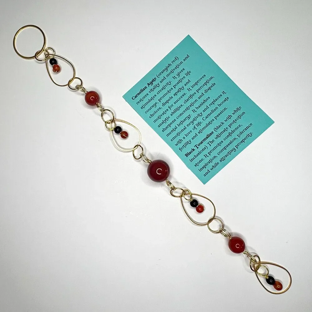 Carnelian Black Tourmaline Gemstone Hanging | Round Bead | Vitality Protection